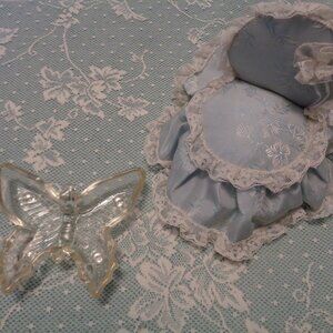 VINTAGE GLASS BUTTERFUL DISH & BLUE SATIN PIN CUSHIN